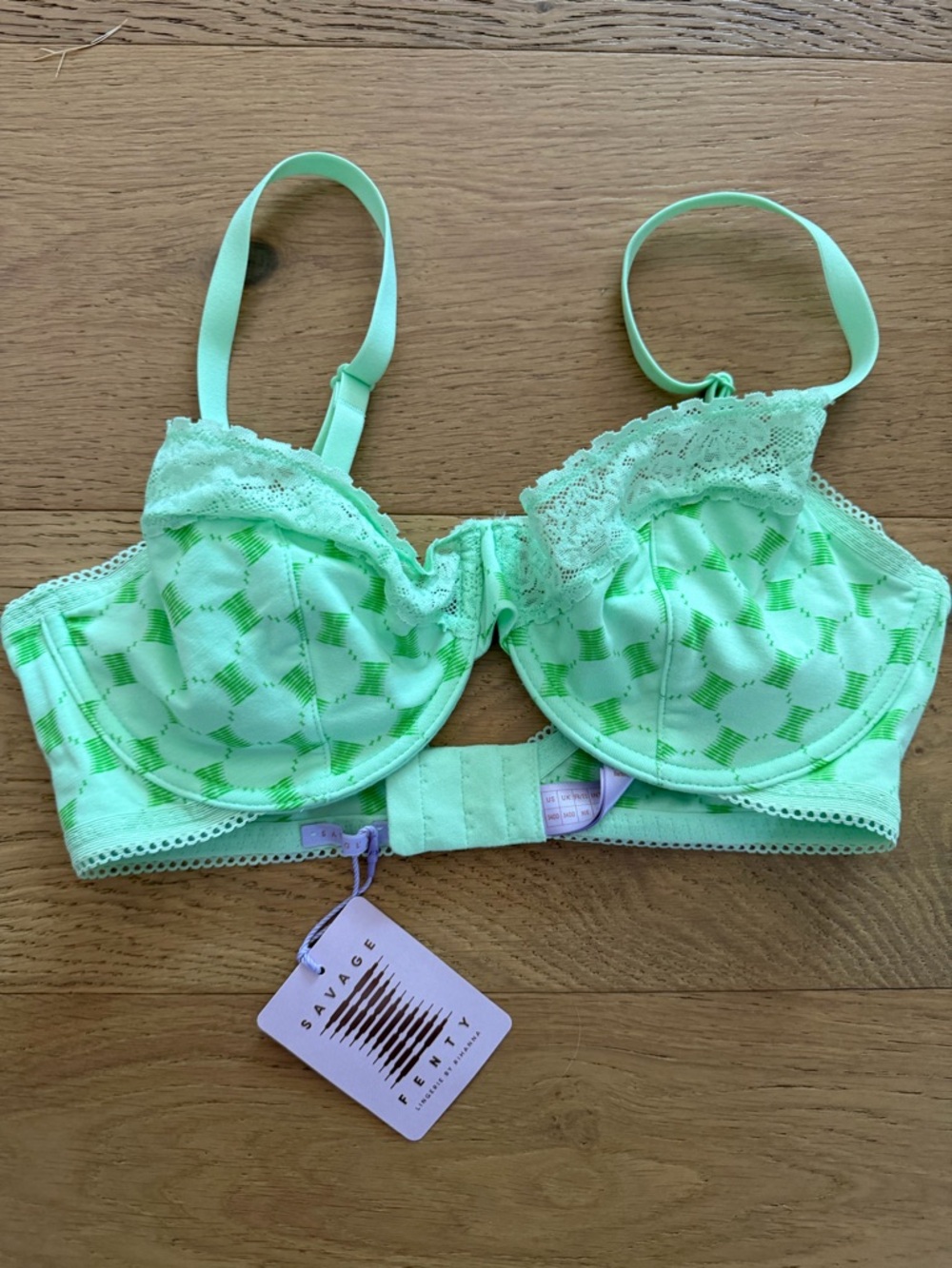 Savage X Fenty green COTTON ESSENTIALS LACE-TRIM UNLINED BRA 34DD NWT